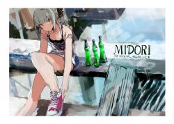 Rule 34 | 1girl, adjusting footwear, alcohol, alternate costume, black tank top, blunt bangs, blush, border, bottle, closed mouth, collarbone, custom (cus-tom), drink, kantai collection, liquor, looking at viewer, ponytail, shoes, sitting, sleeveless, sneakers, solo, tank top, water, white border, yuubari (kancolle)