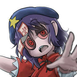 Rule 34 | 1girl, profile picture, beret, blue hair, chamaji, commentary, hat, jiangshi, looking at viewer, lowres, miyako yoshika, neck ribbon, ofuda, open mouth, outstretched arms, red eyes, red shirt, ribbon, sharp teeth, shirt, short hair, short sleeves, signature, solo, star (symbol), teeth, touhou, upper body, white background, zombie pose