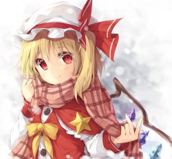 Rule 34 | 1girl, adapted costume, blonde hair, bow, brown scarf, buttons, capelet, crystal, flandre scarlet, from side, hair bow, hat, izuru, light smile, long sleeves, mob cap, plaid, plaid scarf, red eyes, red vest, scarf, shirt, short hair, side ponytail, solo, touhou, vampire, vest, white shirt, wings, winter clothes