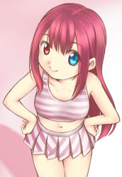 Rule 34 | 1girl, bikini, bikini skirt, blue eyes, clenched hands, cowboy shot, emilia swimwear, gradient background, hands on own hips, heterochromia, highres, leaning forward, long hair, looking at viewer, navel, phantasy star, phantasy star online 2, piano-alice, pink background, red eyes, red hair, shadow, sidelocks, sketch, smile, solo, standing, striped bikini, striped clothes, swimsuit, tankini, very long hair