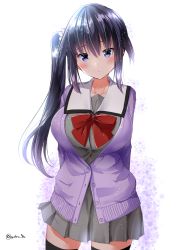 Rule 34 | 1girl, arms up, black hair, black thighhighs, blush, bow, breasts, cardigan, closed mouth, grey shirt, grey skirt, hair between eyes, hair ornament, hair scrunchie, highres, large breasts, long hair, mokufuu, original, pleated skirt, purple cardigan, purple eyes, red bow, school uniform, scrunchie, shirt, side ponytail, skirt, solo, thighhighs, twitter username, very long hair, white background, white scrunchie