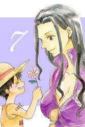 Rule 34 | &gt; &lt;, 1boy, 1girl, aged down, bandaid, bandaid on arm, black hair, blush, border, breasts, child, cleavage, collared jacket, eyelashes, flower, hair behind ear, hanakotoba28, hat, highres, holding, holding flower, jacket, letterboxed, long hair, looking at another, looking down, monkey d. luffy, nico robin, official alternate costume, one piece, orange shirt, outside border, profile, purple jacket, shirt, short hair, sidelocks, sleeveless, sleeveless shirt, smile, straw hat, sunglasses, white border, zipper