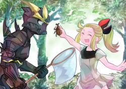 Rule 34 | 1boy, 1girl, :d, alternate costume, alternate hairstyle, alternis dim, arm up, armor, beetle, black armor, blonde hair, blush, bow, bravely default (series), bug, butterfly net, closed eyes, day, dress, edea lee, full armor, hair bow, hand net, helm, helmet, holding, holding butterfly net, insect, knight, kuruidaen, long hair, open mouth, outdoors, outstretched arms, plate armor, ponytail, smile, tree, white dress