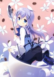 Rule 34 | 1girl, :o, absurdres, blue eyes, blue hair, blush, coffee beans, cup, gochuumon wa usagi desu ka?, hair ornament, highres, holding, holding spoon, in container, in cup, kafuu chino, long hair, looking at viewer, mary janes, open mouth, rabbit house uniform, santa matsuri, shoe soles, shoes, solo, spoon, thighhighs, white thighhighs, x hair ornament