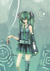 Rule 34 | 1girl, blackball, bracelet, can, detached sleeves, female focus, green eyes, green hair, hatsune miku, jewelry, long hair, matching hair/eyes, necktie, single thighhigh, skirt, solo, thighhighs, twintails, vocaloid