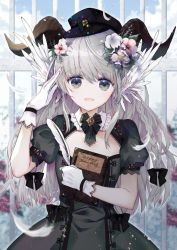 Rule 34 | 1girl, :d, bad id, bad twitter id, black dress, black headwear, blue sky, book, bow, braid, cloud, copyright request, dragon horns, dress, dress bow, flower, frilled sleeves, frills, garden, gate, gloves, grey eyes, hair bow, hair flower, hair ornament, holding, holding book, holding quill, horns, konataeru, long hair, open mouth, outdoors, puffy short sleeves, puffy sleeves, quill, salute, short sleeves, silver hair, sky, smile, solo, white gloves, wing ears