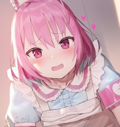 Rule 34 | 1girl, apron, armband, bad id, bad pixiv id, blue hair, blue shirt, blush, brown background, collarbone, commentary request, dutch angle, fang, hair between eyes, heart, highres, idemitsu, idolmaster, idolmaster cinderella girls, multicolored hair, open mouth, pink hair, puffy short sleeves, puffy sleeves, purple eyes, shirt, short sleeves, simple background, solo, two-tone hair, wavy mouth, white apron, yumemi riamu