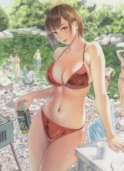 Rule 34 | 3boys, 4girls, beer can, bikini, blush, boulder, breasts, brown hair, camping chair, can, cleavage, collarbone, cup, day, drink can, forest, grill, hand on table, highres, holding, holding can, looking at viewer, makki (tobaccos), multiple boys, multiple girls, nature, navel, original, outdoors, painting (medium), parted lips, pond, rock, shirt, short hair, shorts, sidelighting, solo focus, sunlight, swimsuit, table, traditional media, water, watercolor (medium)