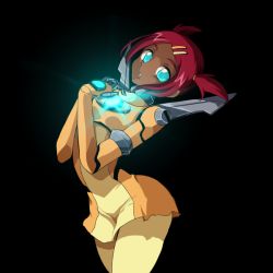 Rule 34 | 1girl, akycoo, android, autobot, blue eyes, dark skin, dark-skinned female, dress, glowing, glowing eyes, hair ornament, hairclip, humanoid robot, machine, machinery, mecha, red hair, robot, sari sumdac, science fiction, short twintails, solo, thighhighs, transformers, transformers animated, twintails, wings