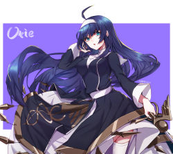 Rule 34 | 1girl, ahoge, blue eyes, blue hair, border, breasts, character name, dress, hairband, hand in own hair, highres, holding, holding sword, holding weapon, large breasts, long hair, long sleeves, looking at viewer, open mouth, orie ballardiae harada, purple background, riyu (gauzama), simple background, solo, sword, thighhighs, twitter username, under night in-birth, weapon, white border, white hairband, white thighhighs