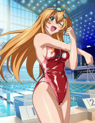 Rule 34 | 1girl, ;d, antenna hair, bare arms, bare legs, blonde hair, breasts, competition swimsuit, covered navel, fang, floating hair, goggles, goggles on head, green eyes, hair between eyes, ikkitousen, indoors, long hair, medium breasts, one-piece swimsuit, one eye closed, open mouth, poolside, red one-piece swimsuit, shiny skin, sideboob, smile, solo, sonsaku hakufu, standing, straight hair, stretching, swimsuit, very long hair