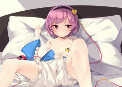 Rule 34 | 1girl, arai togami, bed, bloomers, blush, breasts, collarbone, hairband, heart, komeiji satori, long sleeves, looking at viewer, lying, navel, nipples, on back, parted lips, pillow, pink hair, red eyes, short hair, small breasts, solo, spread legs, third eye, touhou, underwear, wide sleeves