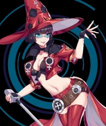 Rule 34 | 1girl, belt, black gloves, breasts, choker, cleavage, fingerless gloves, gloves, guilty gear, guilty gear strive, hat, i-no, jacket, large breasts, lowres, microphone, midriff, red hat, red jacket, red thighhighs, sunglasses, thighhighs, venus symbol, witch hat