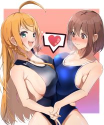 Rule 34 | 2girls, band (skymole01), black one-piece swimsuit, blue one-piece swimsuit, blush, braid, breast press, breasts, brown eyes, brown hair, cleavage, closed mouth, commentary request, competition swimsuit, gradient background, green eyes, heart, highres, holding hands, large breasts, long hair, multiple girls, one-piece swimsuit, open mouth, outside border, pecorine (princess connect!), pecorine (real) (princess connect!), princess connect!, ringed eyes, school swimsuit, short hair, sideboob, smile, swimsuit, symmetrical docking, wavy hair, yui (princess connect!), yui (real) (princess connect!)