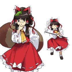 Rule 34 | 2girls, animal ears, ascot, bobby socks, bow, brown eyes, cosplay, detached sleeves, disguise, closed eyes, frilled skirt, frills, futatsuiwa mamizou, glasses, gohei, hair bow, hair tubes, hakurei reimu, hakurei reimu (cosplay), hand on own chin, kaigen 1025, lace-trimmed sleeves, lace trim, leaf, leaf on head, mary janes, multiple girls, nontraditional miko, raccoon ears, raccoon tail, rolling sleeves up, shoes, simple background, skirt, socks, tail, touhou
