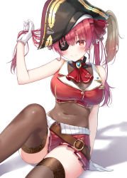Rule 34 | 1girl, absurdres, ascot, brown thighhighs, cleavage, closed mouth, commentary request, covered navel, eyepatch, gloves, hand up, hat, highres, hololive, houshou marine, long hair, looking at viewer, pirate hat, red ascot, red eyes, red hair, red skirt, see-through, see-through cleavage, shizuri yuki, simple background, sitting, skirt, smile, solo, thighhighs, virtual youtuber, white background, white gloves