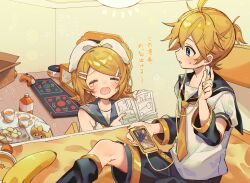 Rule 34 | 1boy, 1girl, banana, belt, black shorts, black sleeves, blonde hair, blue eyes, book, bottle, bow, box, ceiling light, cellphone, chips (food), chopsticks, closed eyes, commentary, controller, crying, cup, detached sleeves, earbuds, earphones, food, fruit, game controller, grey sailor collar, hair bow, hair ornament, hairclip, highres, holding, holding book, holding phone, indoors, juice, kagamine len, kagamine rin, light blush, looking at another, mug, necktie, open mouth, orange (fruit), orange juice, phone, pointing, rug, sailor collar, sazanami (ripple1996), shirt, short hair, short ponytail, short sleeves, shorts, siblings, sidelocks, sleeveless, sleeveless shirt, small sweatdrop, smartphone, swept bangs, table, tears, tissue, tissue box, translated, twins, vocaloid, white bow, white shirt, yellow belt, yellow nails, yellow necktie