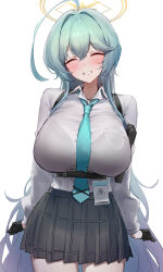 Rule 34 | 1girl, absurdres, ahoge, black gloves, blue archive, blush, breasts, chest harness, closed eyes, collared shirt, gloves, grey skirt, grin, halo, harness, highres, huge breasts, large breasts, long hair, long sleeves, monegi, necktie, shirt, skirt, smile, solo, very long hair, white shirt, yume (blue archive)