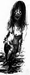 Rule 34 | 1girl, artist request, breasts, looking at viewer, monochrome, monster, monster girl, nude, open mouth, uncensored, zombie