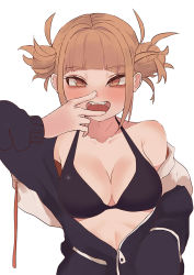 Rule 34 | 1girl, arm at side, bags under eyes, bikini, bikini top only, black bikini, black hoodie, blonde hair, blunt bangs, blush, boku no hero academia, breasts, cleavage, collarbone, double bun, drawstring, eyelashes, fang, hair bun, hand in pocket, hand up, hood, hoodie, long sleeves, looking at viewer, medium breasts, messy hair, nose blush, off shoulder, open mouth, partially unzipped, sidelocks, simple background, slit pupils, solo, swimsuit, toga himiko, tongue, upper body, white background, white hoodie, zd (pixiv6210083)
