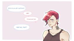 Rule 34 | 1girl, asymmetrical hair, bare shoulders, border, breasts, brown shirt, brown tank top, collarbone, english text, grey eyes, highres, large breasts, league of legends, nose piercing, parted lips, piercing, red hair, shirt, short hair, sidecut, solo, speech bubble, tank top, teeth, undercut, upper body, vi (league of legends), watermark, white border, wlw0nderland