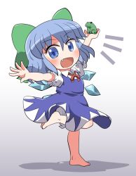 Rule 34 | 1girl, animal, barefoot, blue dress, blue eyes, blue hair, blush, bow, cirno, collared shirt, detached wings, dress, fairy, fang, frog, full body, green bow, hair between eyes, hair bow, highres, ice, ice wings, open mouth, rokugou daisuke, shirt, short hair, short sleeves, signature, smile, solo, standing, standing on one leg, touhou, white shirt, wings