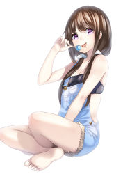 Rule 34 | 1girl, :p, barefoot, breasts, brown hair, candy, cleavage, cutoffs, feet, food, full body, hair ornament, indian style, lollipop, long hair, looking at viewer, low twintails, original, overalls, purple eyes, simple background, sitting, small breasts, soles, solo, strapless, tongue, tongue out, tube top, twintails, unowen, white background