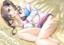 Rule 34 | 1girl, bare shoulders, barefoot, beach, bikini, blue nails, blush, bracelet, breasts, brown eyes, brown hair, cleavage, commentary request, day, artistic error, hair between eyes, halterneck, idolmaster, idolmaster cinderella girls, jacket, jewelry, long hair, long sleeves, looking at viewer, lying, medium breasts, miri (ago550421), mole, mole under eye, multicolored bikini, multicolored clothes, nail polish, navel, off shoulder, on side, open mouth, outdoors, revision, sand, sharp teeth, solo, sunazuka akira, swimsuit, teeth, twintails, water, white jacket, zipper, zipper pull tab