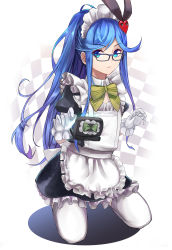 Rule 34 | 1girl, apron, bad id, bad pixiv id, black dress, blue-framed eyewear, blue eyes, blue hair, character name, checkered background, destiny child, dress, frilled apron, frilled gloves, frills, glasses, gloves, highres, kneeling, long hair, maid, maid apron, maid headdress, male focus, mayahuel (destiny child), puffy short sleeves, puffy sleeves, short sleeves, sidelocks, solo, thighhighs, very long hair, white apron, white gloves, white thighhighs, yukihama