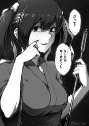 Rule 34 | 10s, 1girl, arrow (projectile), breasts, comic, commentary request, dark background, ebiblue, evil smile, finger to cheek, gesugao, greyscale, hachimaki, hair ribbon, headband, highres, holding, holding arrow, injury, japanese clothes, kantai collection, kimono, large breasts, looking at viewer, monochrome, monochrome, open mouth, ribbon, shaded face, smile, solo, souryuu (kancolle), translation request, twintails, twitter username, upper body