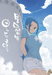 Rule 34 | 1girl, alsea, blue eyes, blue hair, camel, cloud, cloudy sky, day, leaning on object, long hair, matching hair/eyes, nefertari vivi, one piece, shirt, shorts, sky, smile, solo, t-shirt, text focus, translation request