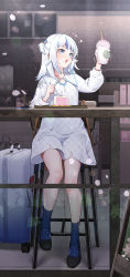 Rule 34 | 1girl, absurdres, alternate costume, black footwear, blue eyes, blue hair, blue nails, blue socks, cake, cake slice, cup, disposable cup, dress, drinking straw, food, gawr gura, hair ornament, highres, holding, holding cup, holding food, hololive, hololive english, indoors, long sleeves, looking away, luggage, multicolored hair, nail polish, on chair, open mouth, rolling suitcase, shark hair ornament, silver hair, sitting, socks, solo, sparkle, streaked hair, suitcase, suzu (tonami0726), two side up, virtual youtuber, white dress