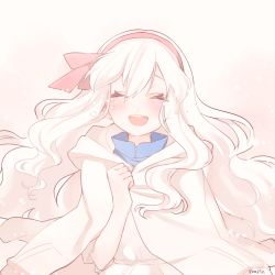 Rule 34 | 1girl, :d, ^ ^, artist name, bad id, bad pixiv id, blush, bow, closed eyes, crying, dress, closed eyes, hair bow, hairband, kagerou project, kozakura marry, long hair, marin (myuy 3), open mouth, smile, solo, tears, vocaloid, white hair