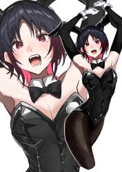 Rule 34 | 1girl, absurdres, animal ears, arm warmers, armpits, bare shoulders, black arm warmers, black bow, black bowtie, black hair, black leotard, blush, bow, bowtie, breasts, cleavage, fake animal ears, fake tail, gloves, gradient hair, highres, kisaragi ren (vtuber), leotard, looking at viewer, maya fa, medium breasts, multicolored hair, open mouth, pantyhose, parted bangs, playboy bunny, rabbit ears, red eyes, red hair, simple background, small sweatdrop, solo, tail, virtual youtuber, vspo!, white background, white gloves, zoom layer