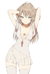 Rule 34 | 1girl, arms up, blue eyes, breasts, cleavage, closed mouth, covered navel, cowboy shot, dress, flower, frills, gluteal fold, hands in hair, light brown hair, long hair, looking at viewer, lpip, original, panties, red ribbon, ribbon, see-through, short dress, short sleeves, simple background, small breasts, smile, solo, thighhighs, underwear, white background, white thighhighs
