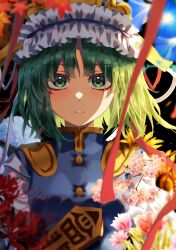 Rule 34 | 1girl, buttons, commentary, epaulettes, flower, frilled hat, frills, green eyes, green hair, hat, highres, leaf, looking at viewer, parted lips, pink flower, red flower, red ribbon, ribbon, shiki eiki, solo, spider lily, touhou, tsuyuji shigure, upper body