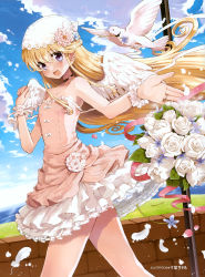 Rule 34 | 1girl, absurdres, angel wings, bare shoulders, bird, blonde hair, bouquet, chiba sadoru, choker, cloud, day, dove, flower, frills, highres, jewelry, long hair, open mouth, original, outdoors, petals, ring, rose, scrunchie, skirt, solo, white rose, wings, wrist cuffs, wrist scrunchie