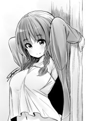 Rule 34 | 10s, 1girl, arms up, blush, braid, breasts, camisole, closed mouth, greyscale, highres, jacket, large breasts, looking at viewer, low ponytail, matsukaze mayu, monochrome, nande koko ni sensei ga!?, navel, open clothes, open jacket, shirt, side braid, side ponytail, smile, soborou, solo, taut clothes, taut shirt, teacher, upper body