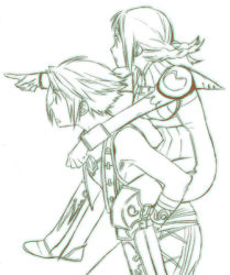 Rule 34 | 00s, 1boy, 1girl, :o, arm on another&#039;s shoulder, armor, bad id, bad pixiv id, belt, boots, braid, carrying, final fantasy, final fantasy xii, from side, knee pads, long hair, lowres, monochrome, open mouth, penelo, piggyback, pointing, pointing forward, profile, puffy short sleeves, puffy sleeves, saida nika, short sleeves, simple background, sleeveless, square enix, twin braids, twintails, vaan (ff12), white background, wristband