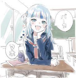 Rule 34 | 1girl, alternate costume, blue eyes, blue hair, blue shirt, blunt bangs, blush, chalkboard, classroom, color guide, commentary, desk, gawr gura, hand on own chin, head rest, highres, hololive, hololive english, indoors, light blue hair, long hair, looking at viewer, multicolored hair, open mouth, red neckwear, sailor collar, school desk, school uniform, serafuku, sharp teeth, shinoe nun, shirt, short twintails, sitting, sketch, smile, solo, speech bubble, streaked hair, teeth, translated, twintails, two-tone hair, two side up, upper body, virtual youtuber, window