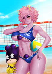 Rule 34 | 10s, 1boy, 1girl, ashido mina, ball, bare shoulders, beach, black sclera, blue sky, blush, boku no hero academia, breasts, buruma, cleavage, colored sclera, colored skin, crop top, curvy, day, drooling, easonx, hand on another&#039;s thigh, hand on thigh, hip focus, holding, holding ball, horns, large breasts, mineta minoru, navel, one eye closed, pervert, pink hair, pink skin, saliva, short hair, sky, stomach, sweat, thick thighs, thighs, underboob, volleyball (object), volleyball net, wide hips