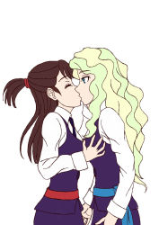 Rule 34 | 10s, 2girls, arms at sides, belt, black neckwear, blonde hair, blue eyes, blue vest, grabbing another&#039;s breast, brown hair, collared shirt, couple, diana cavendish, closed eyes, female focus, friends, grabbing, green hair, hand on another&#039;s face, highres, kagari atsuko, kiss, little witch academia, long hair, long sleeves, looking at another, multicolored hair, multiple girls, necktie, one side up, school uniform, shirt, simple background, standing, surprised, two-tone hair, vest, white background, white shirt, witch, yuri
