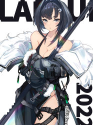 Rule 34 | 1girl, 2022, absurdres, arknights, baoliehuo yanhong, bare shoulders, black bra, black hair, black jacket, black skirt, blush, bra, breasts, character name, cleavage, cowboy shot, fur-trimmed jacket, fur-trimmed sleeves, fur trim, hair intakes, hair ornament, hairclip, highres, holding, holding weapon, jacket, la pluma (arknights), long sleeves, looking at viewer, medium breasts, open clothes, open jacket, simple background, skirt, solo, thigh strap, thighs, two-sided fabric, two-sided jacket, underwear, unzipped, weapon, white background, yellow eyes