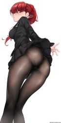 Rule 34 | 1girl, ass, black jacket, black pantyhose, black skirt, blush, bow, breasts, embarrassed, female focus, fine fabric emphasis, from behind, hair bow, highres, jacket, kilalesi, long hair, long sleeves, looking at viewer, looking back, matching hair/eyes, pantyhose, parted lips, patreon username, persona, persona 5, persona 5 the royal, pleated skirt, ponytail, red eyes, red hair, simple background, skirt, solo, watermark, web address, yoshizawa kasumi