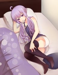 Rule 34 | 1girl, :o, ahoge, arm support, as (27273212), ass, bare arms, bare shoulders, bed, bed sheet, black thighhighs, blanket, blush, camisole, collarbone, eyebrows, frills, full body, hand on leg, hand on own head, head rest, highres, indoors, kakan (amka), long hair, looking at viewer, low twintails, on bed, open mouth, pillow, purple eyes, purple hair, shirt, short hair with long locks, short shorts, shorts, sleeveless, sleeveless shirt, solo, tareme, teeth, thighhighs, twintails, vocaloid, voiceroid, yuzuki yukari, zettai ryouiki