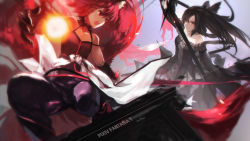 Rule 34 | 2girls, bad id, bad pixiv id, black hair, dress, fire, gloves, glowing, long hair, multiple girls, open mouth, original, pixiv fantasia, pixiv fantasia t, red eyes, red hair, swd3e2
