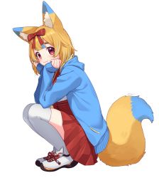 Rule 34 | 1girl, absurdres, animal ears, bad id, bad pixiv id, blonde hair, blue hair, blue jacket, blush, bow, closed mouth, commentary request, copyright request, fox ears, fox girl, fox tail, full body, hair bow, hands on own cheeks, hands on own face, highres, indie virtual youtuber, jacket, long sleeves, medium skirt, multicolored hair, open clothes, open jacket, red bow, red eyes, red skirt, sakura chiyo (konachi000), short hair, signature, simple background, skirt, sleeves past wrists, smile, solo, squatting, tail, thighhighs, two-tone hair, virtual youtuber, white background, white footwear, white thighhighs, yamano kayo