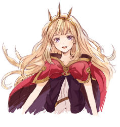 Rule 34 | 10s, 1girl, :d, blonde hair, bow, cagliostro (granblue fantasy), cape, collarbone, gb hm, granblue fantasy, hairband, long hair, open mouth, purple eyes, red bow, simple background, smile, solo, upper body, white background