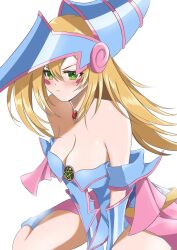 Rule 34 | 1girl, bare shoulders, blonde hair, blue dress, blue hat, blush, blush stickers, breasts, cleavage, dark magician girl, dress, green eyes, hat, highres, large breasts, long hair, misakura aoi, off-shoulder dress, off shoulder, simple background, solo, witch hat, yu-gi-oh!