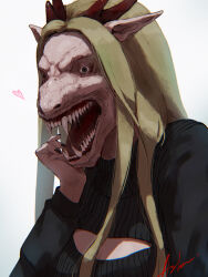 Rule 34 | 1girl, absurdres, blonde hair, chinese zodiac, cleavage cutout, clothing cutout, dragon girl, fangs, highres, horns, hylran0427, long hair, monster girl, original, pointy ears, saliva, solo, year of the dragon